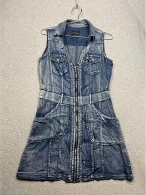 Y2k Ranbeeri Denim Front Zip Shirt Dress M Stone Wash Cargo Pockets 90's
